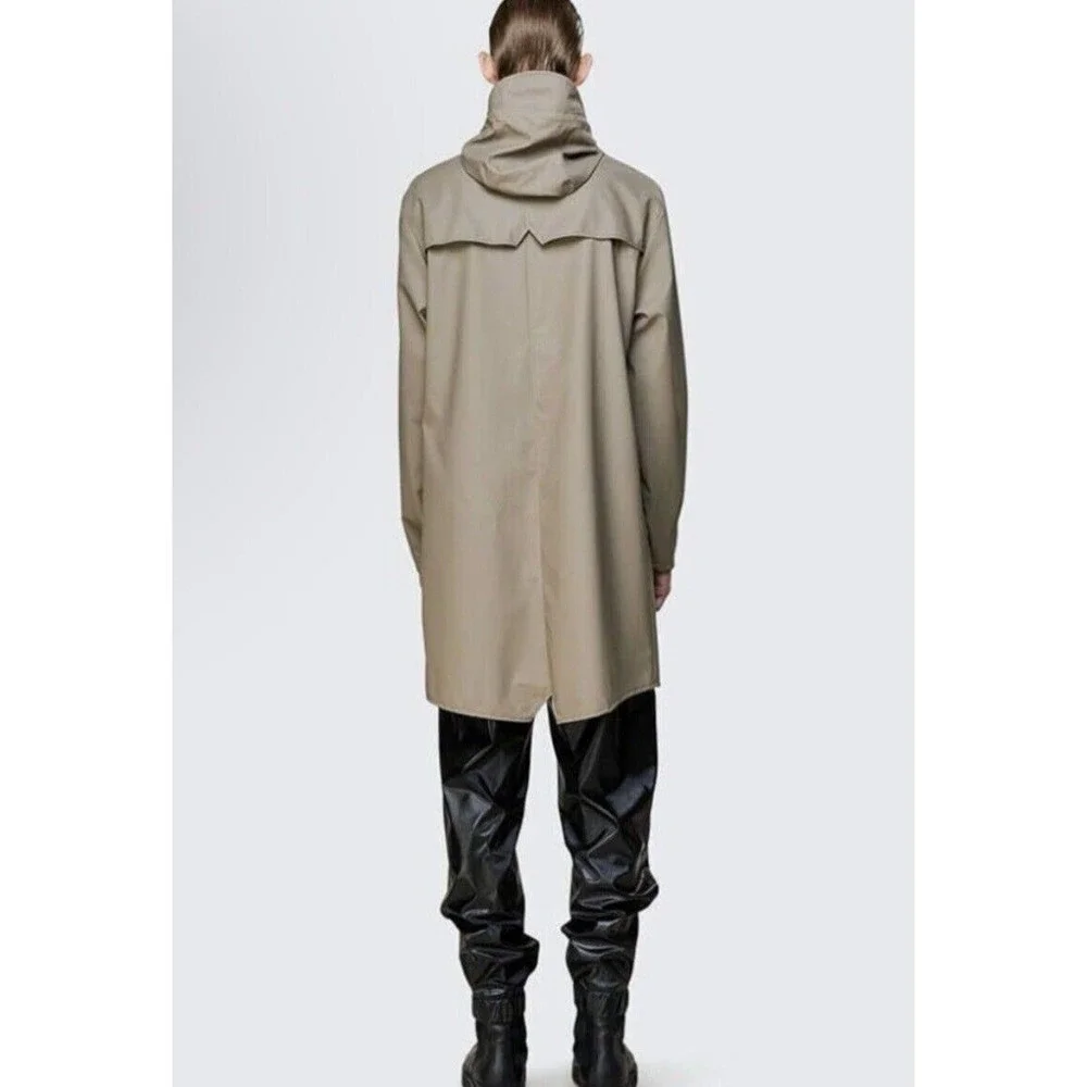 RAINS Brand Unisex Sz Large Classic Taupe Long Waterproof Rain Jacket Snap Front - Picture 2 of 15